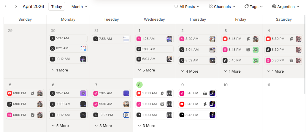 Buffer content calendar, daily scheduled posts